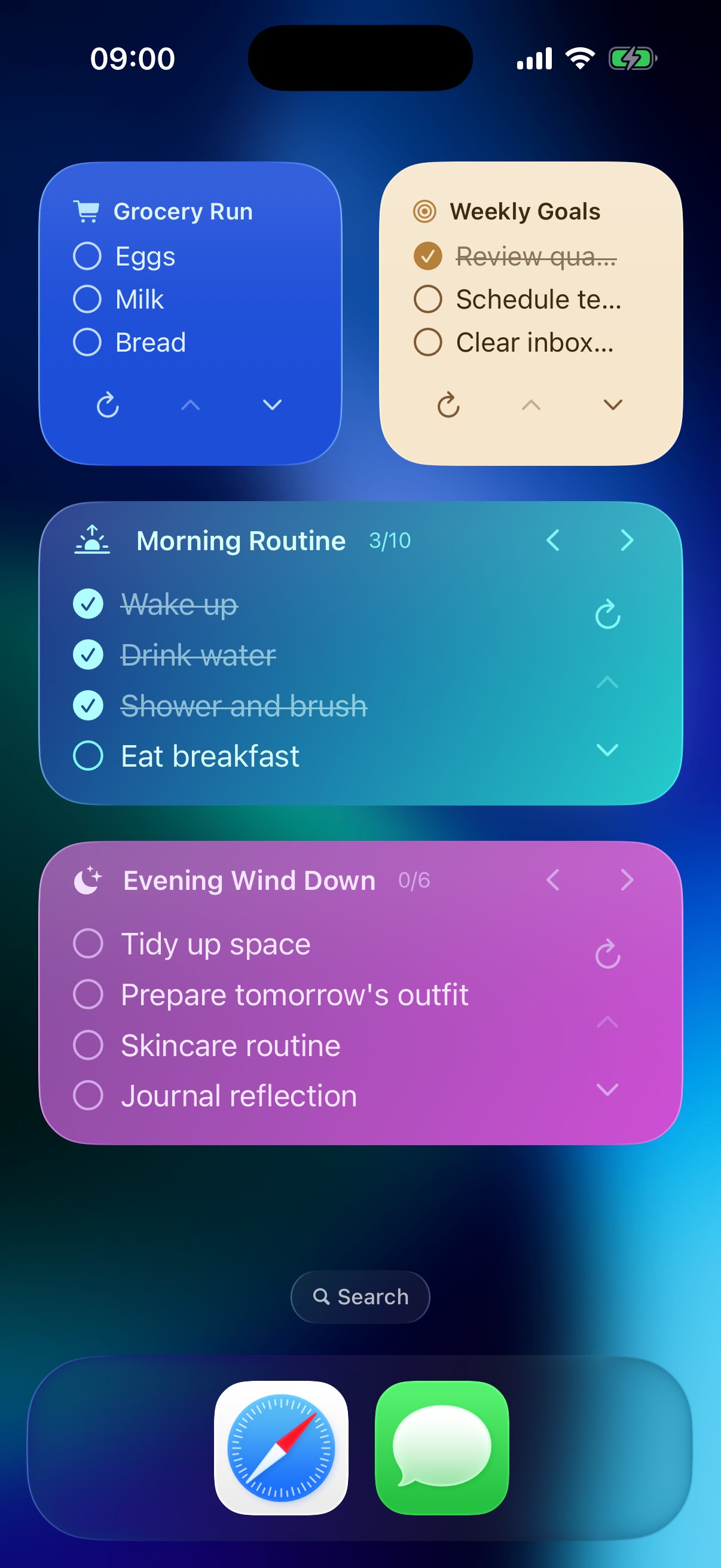 Zeli app showing multiple widgets with different styles on home screen