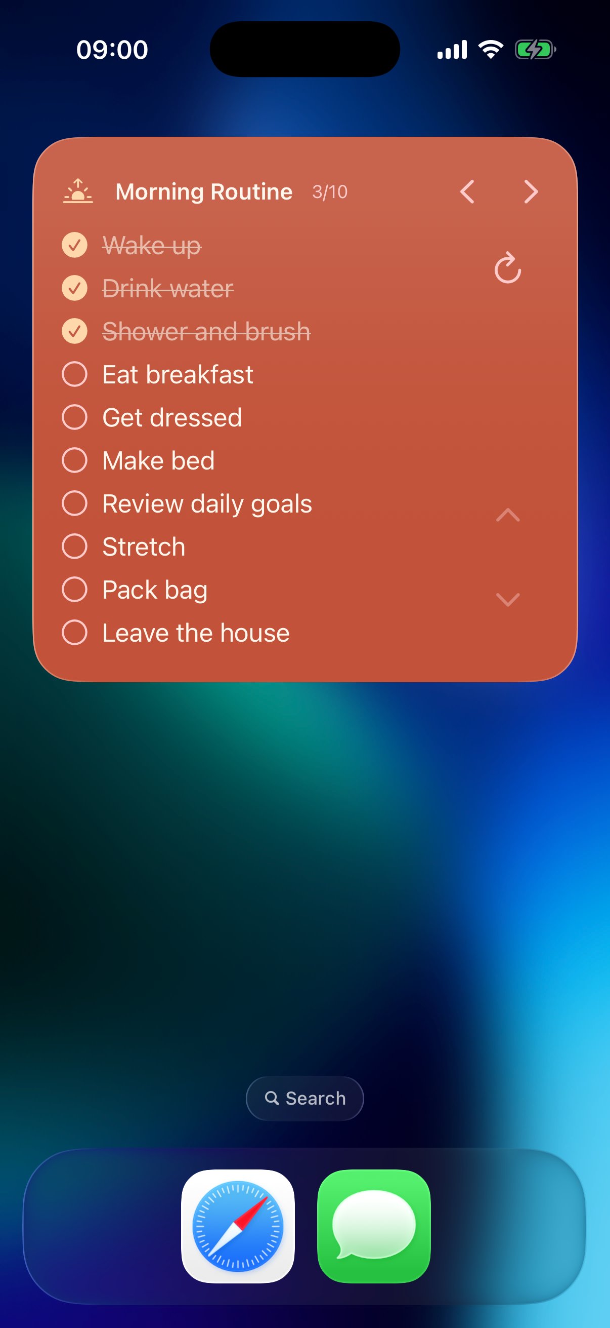 Zeli interactive iOS widget with controls to scroll tasks and switch between lists