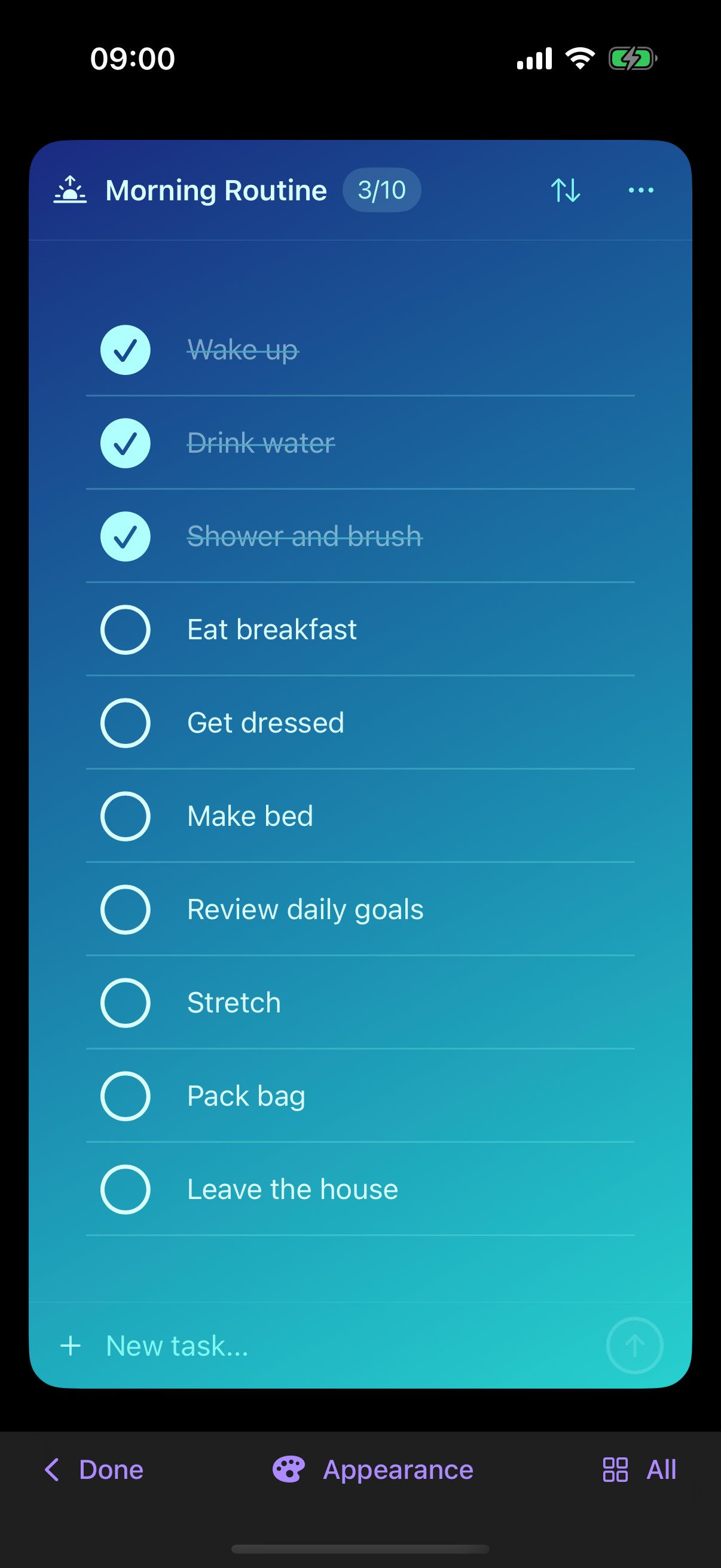 Zeli app showing a daily checklist and pending tasks